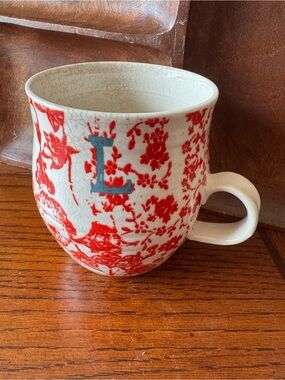 Anthropologie Homegrown Coffee Mug L Monogram Initial Floral Red White Farmhouse